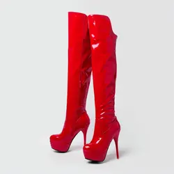 Patent PU leather white red black womens overknees platform thin high heels booties big size 33-46 woman over-the-knee boots