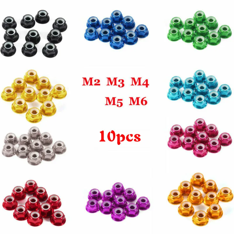 Dadi per rivetti in alluminio M2 M3 M4 M5 M6 dado flangiato in lega di alluminio colorato inserto in Nylon dado di bloccaggio dado autobloccante dadi modello RC 10 pezzi