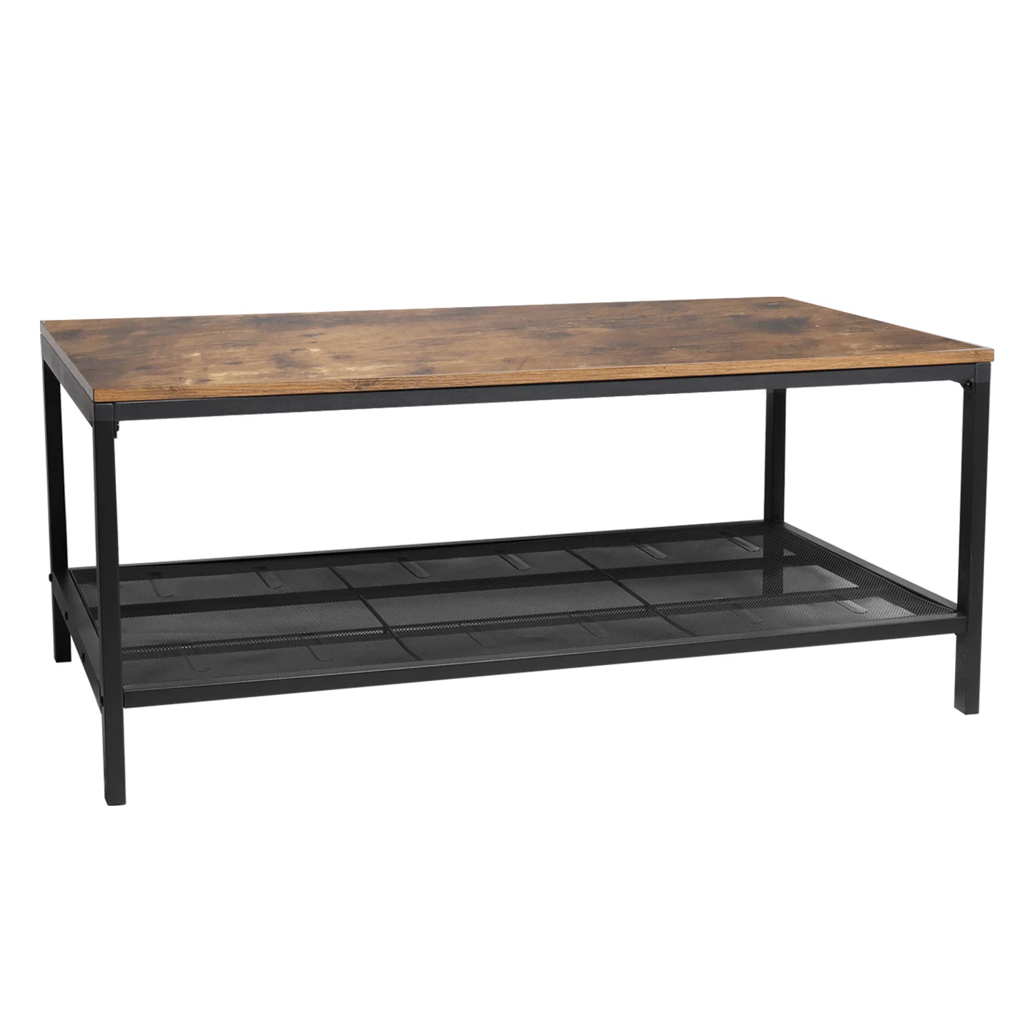 Industrial Sofa Coffee Table 2 Tier Cocktail Table Metal Frame Wooden Exterior Household Storage Accent Furniture Brown[US-W]