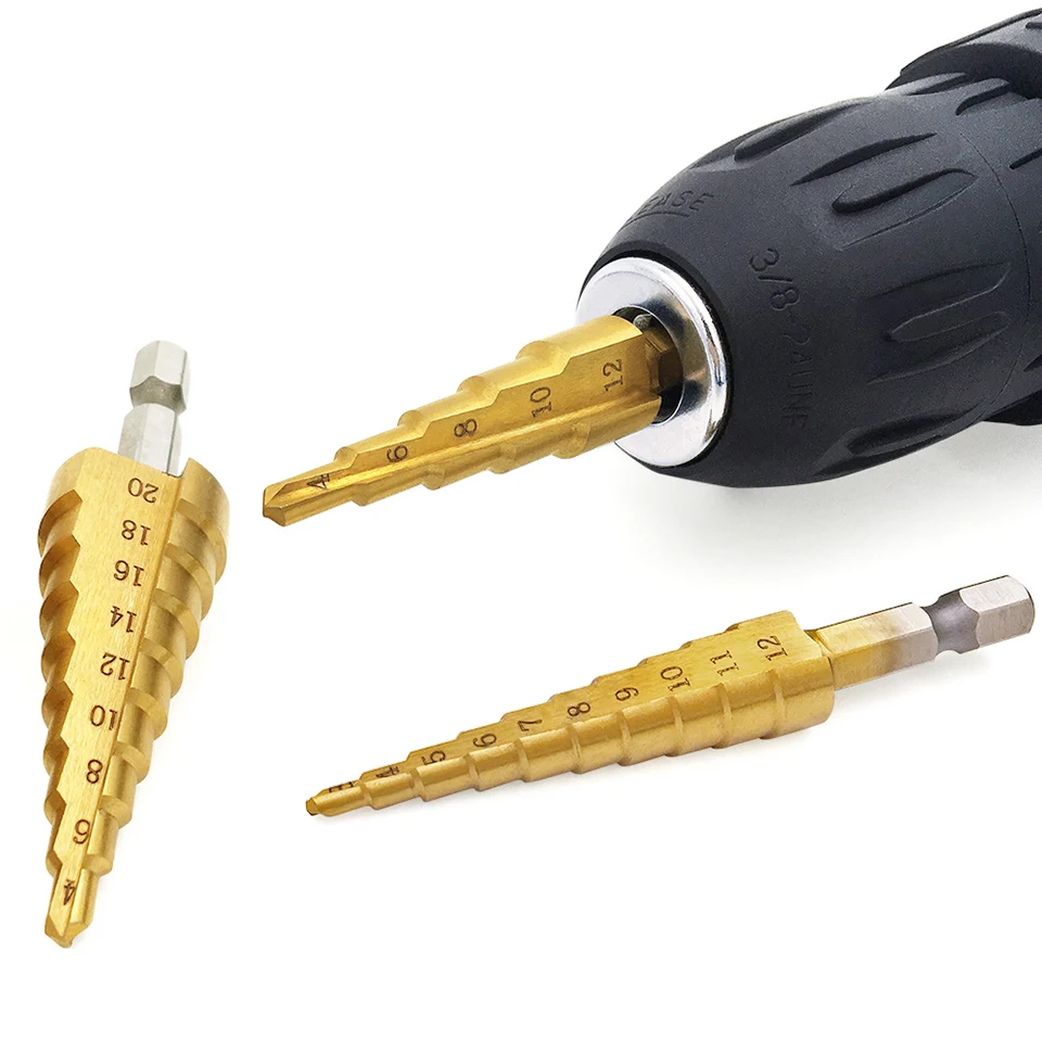 Toofit 1 قطعة HSS الصلب التيتانيوم خطوة لقمة ثقب مخروط أدوات القطع الصلب النجارة الخشب المعادن الحفر 3-12 4-12/20/32 مللي متر