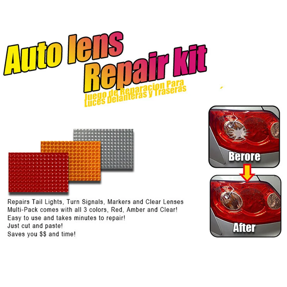 Car Auto Lens Repair Kit DIY Grid Pattern Car Headlights Taillight Repair Tool Set Car Lights Crack Repair Film Polish Red Amber