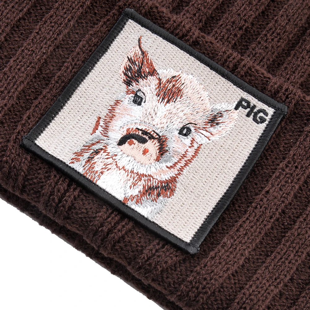 Winter Warm Knitted Hat With Pig Embroidery Patch New Fashion Hip Hop Skullies Beanies Women Knitting Solid Color Beanie Hat Men