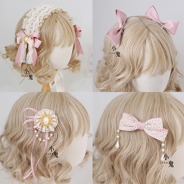 Origional Lo Niang Lace Bow Hairband Side Clip Sweet Headdress Lolita KC Hairband Body-Shape Teacher Gray-Pink