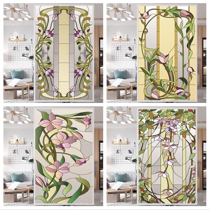 Custom Size Static Cling Stained Glass Window Film Purple Floral Frosted Decorative Vinyl Privacy Home Decor for Glass Doors