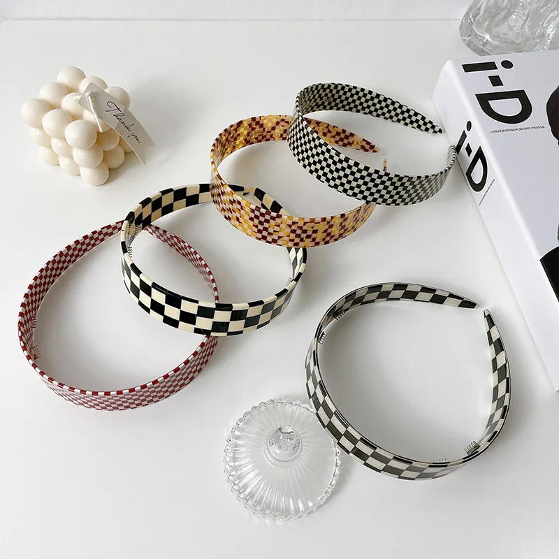 

New Arrival Simple Checked Design Wide Human Hair Headband Pvc Acetate Headband For Elegant Woman Girls