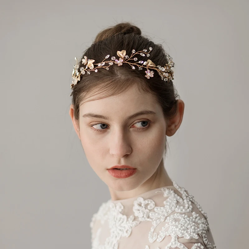 O349 cintas elegantes para el pelo bonitas de cristal de boda con flores rosas para niñas