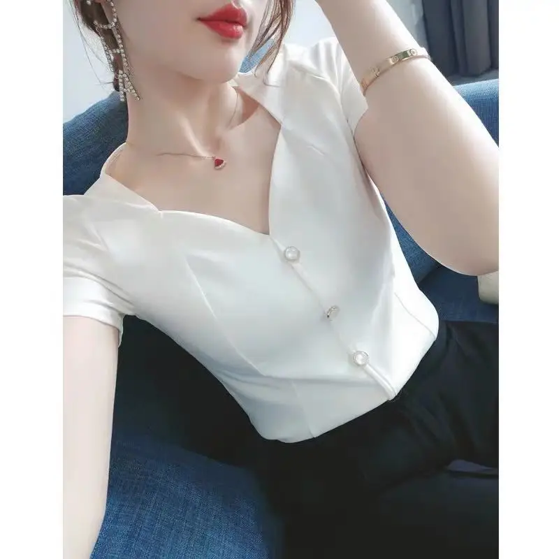 Women\'s Spring Summer Style Blouses Shirt Women\'s Button Short Sleeve Solid Color V-neck Elegant Casual Tops SP214