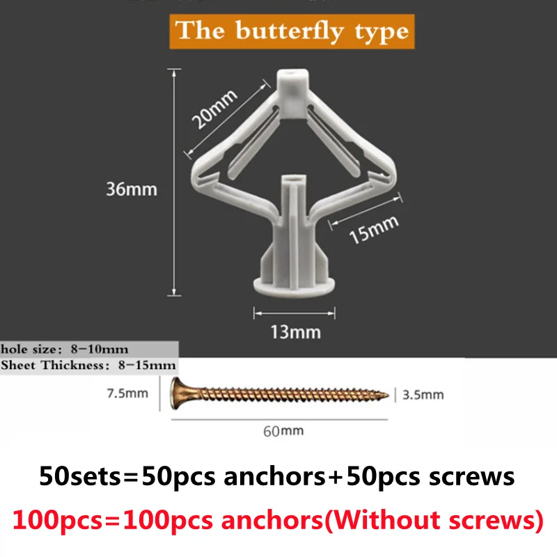 50ชุดขยาย Drywall Anchor เจาะด้วยตนเองสกรูยิปซั่ม Hollow Wall ขยายสกรูไนลอนพลาสติกยิปซั่มบอร์ด