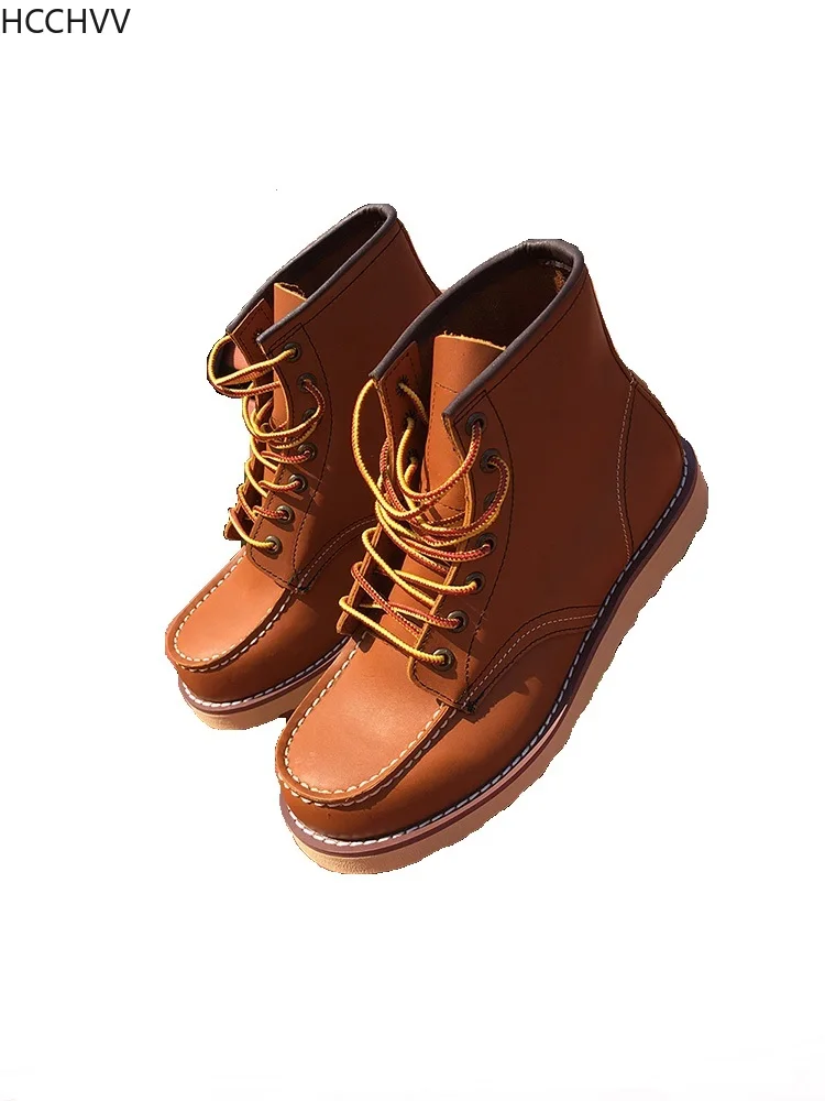 Handmade High Quality Fashion Genuine Leather Men Ankle Boots Outdoor Wings Motorcycle Boots Lace-up Work Men\'s Shoes Red Brown