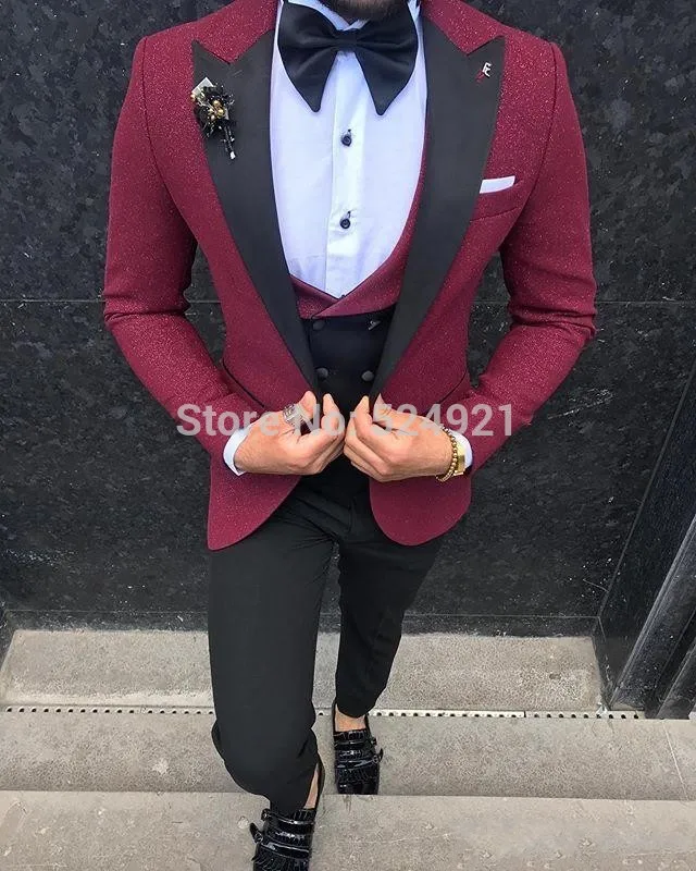 

Groomsmen Dark Red with Black Groom Tuxedos Peak Lapel Men Suits 3 Pieces Wedding Best Man ( Jacket+Pants+Vest+Tie ) C801