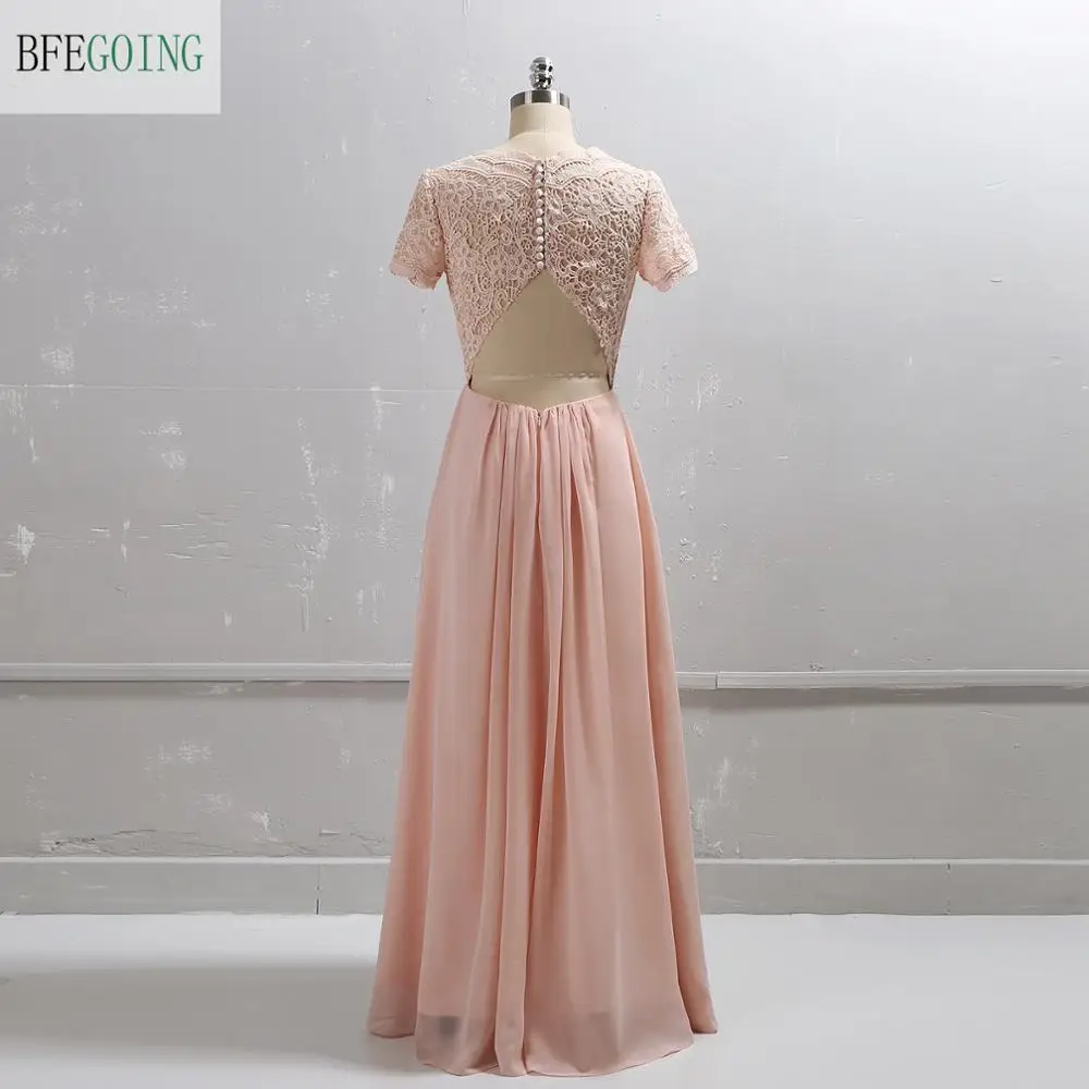 Robe de mère de la mariée en mousseline de soie rose Blush à manches courtes, robe trapèze longueur au sol, sur mesure