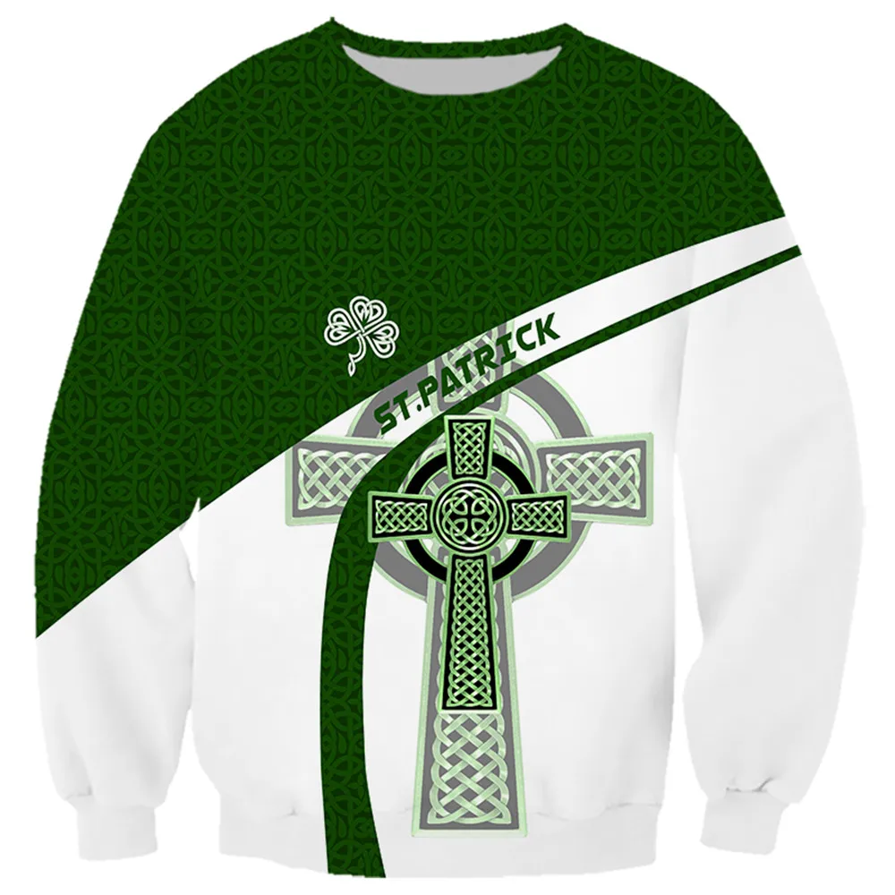 HX St. Patrick Sweatshirt 3D Graphics Four-leaf Clover Cross Fashion Splicing Sportswear Harajuku Streetwears Men Clothing