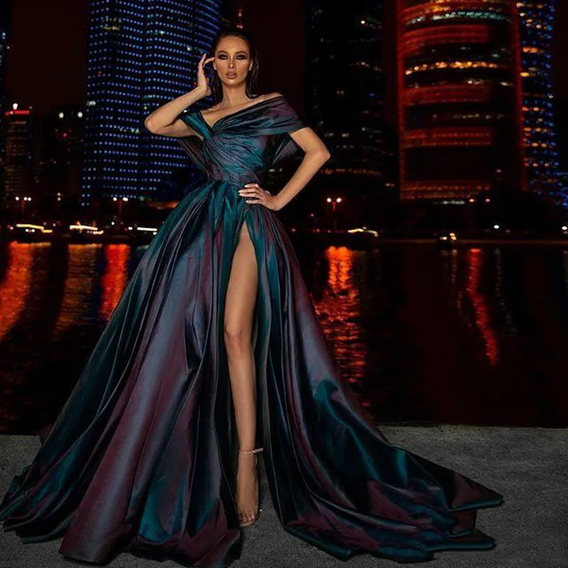 Hot High Side Split Satin Evening Dress Long Off The Shoulder Formal Prom Gown Dubai Vestidos Robe De Soirée