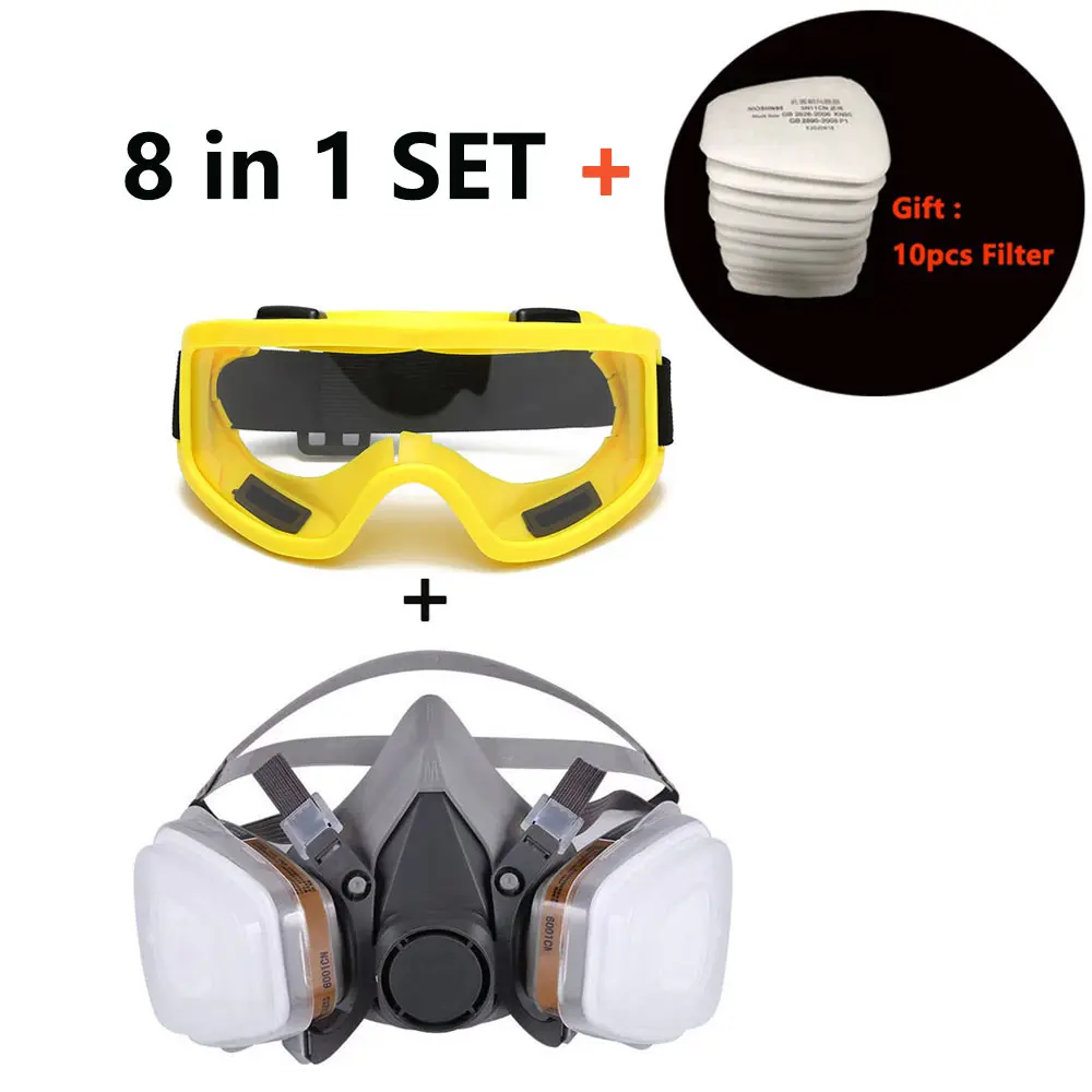 8-In-1 6200 Dust Gas Mask With Safety Goggles Half Face Gas Respirator For Painting Spraying Polishing Work Safety +10 Filters