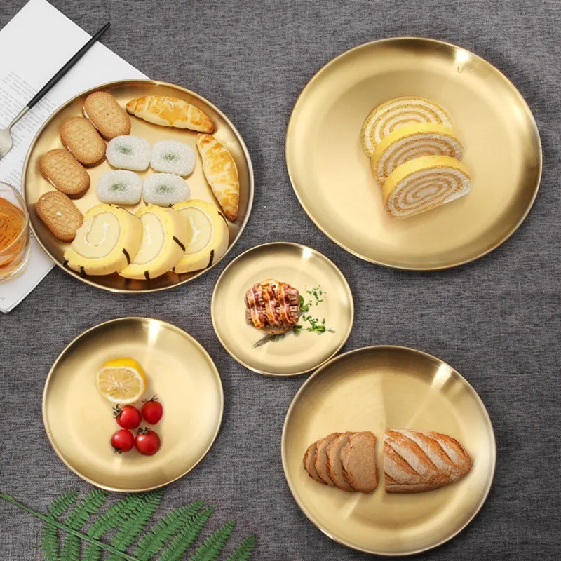 Golden Stainless Steel Storage Tray Luxurious Brass Gold Round Plate Fruit Cake Steak Snack Kitchen Metal Storage tableware Dish