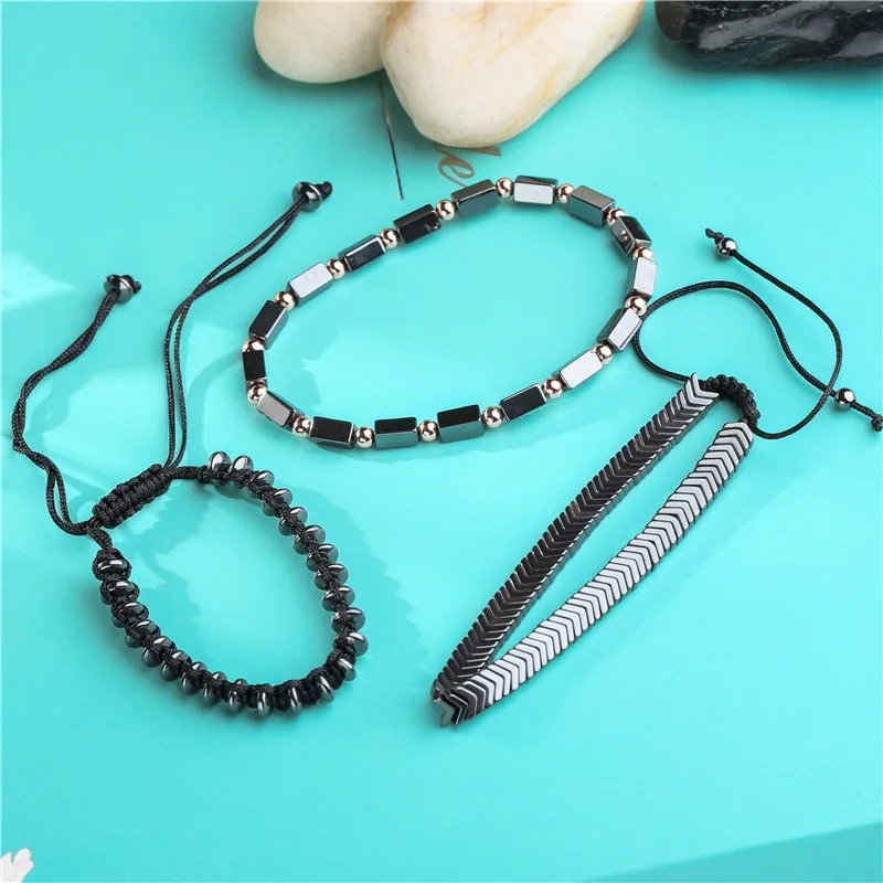 Women Men 3Pcs/Sets Adjustable Bracelet Braided Natural Hematite Stone Geometry Bead Bracelet Bangles Sets Pulseira Masculina - Image 5