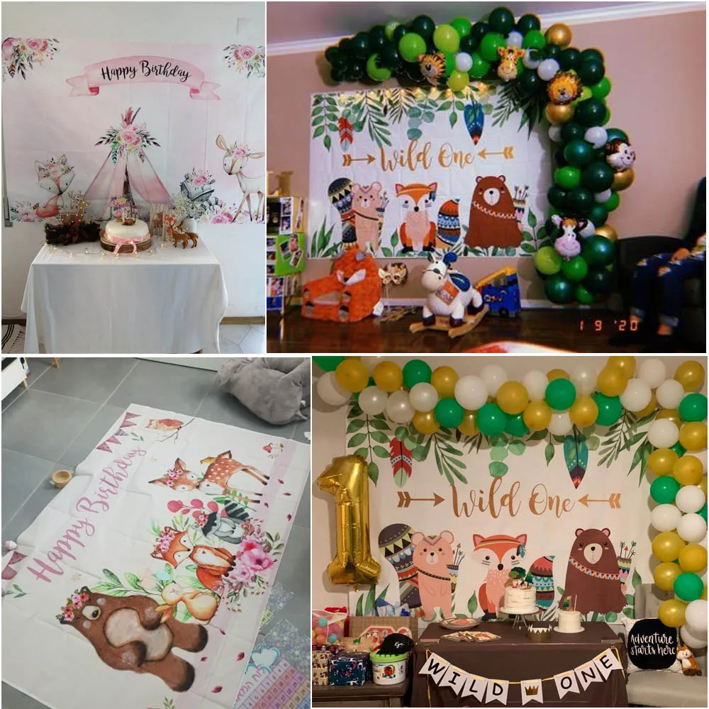 Rừng Gỗ Chúc Mừng Sinh Nhật Lưng Động Vật Dễ Thương Cáo Gấu Safari Nền Chụp Ảnh Hồng Tráng Miệng Trang Trí Bàn Đạo Cụ