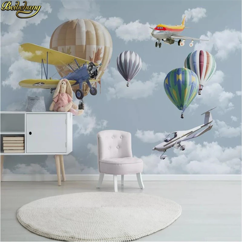 beibehang Custom wallpaper mural Nordic minimalist hand-painted cartoon airplane balloon children room backgroun papel de parede