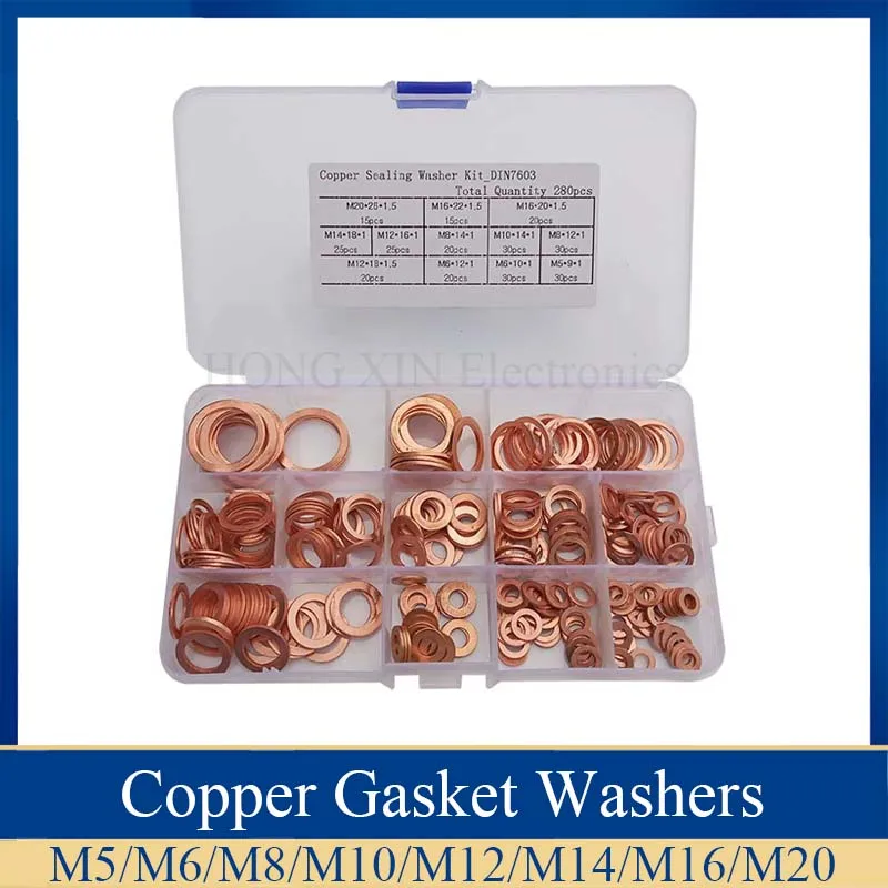 

280pcs Solid Copper Gasket Assorted Copper Washers Sealing Ring Set with Case 12 Sizes M5-M20 with box