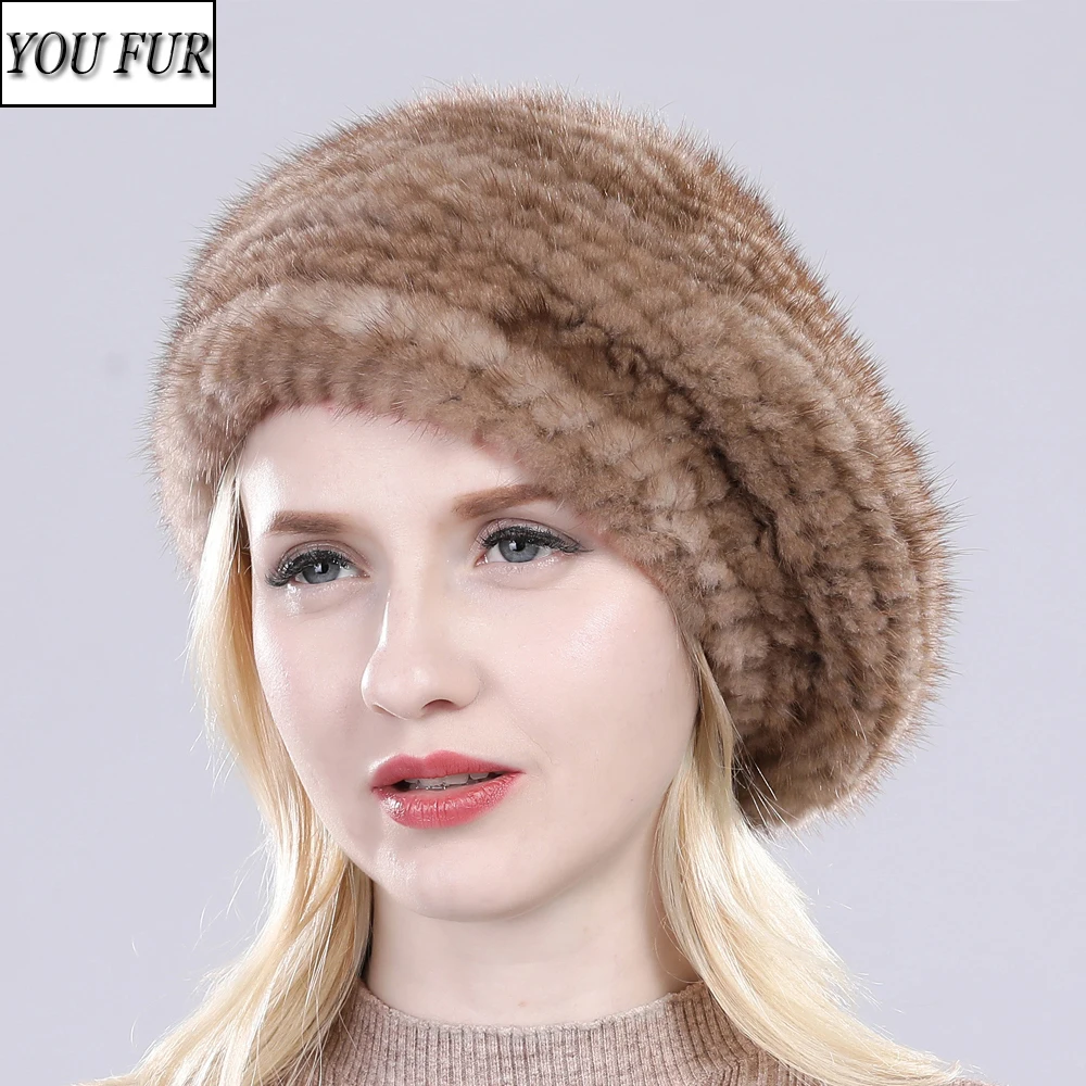 

Russia Winter Real Mink Fur Hat Women Handmade Knitted Real Natural Mink Fur Beanies Hats Lady Real Mink Fur Skullies Caps