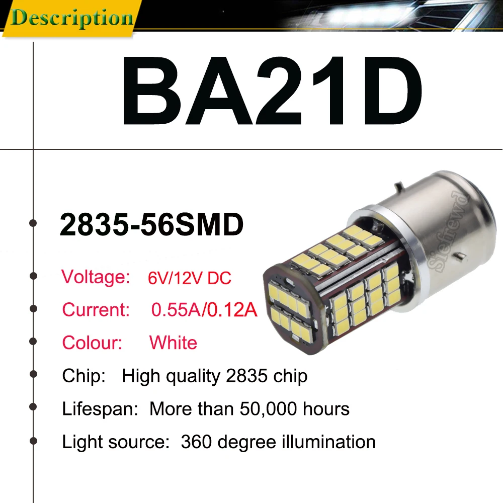 2Pcs BA21D 56 SMD 2835 LED Motorcycle Bulb Headlight High Low Light Car Auto Motorbike Moped Scooter White Lamp 6000K 6V 12V DC