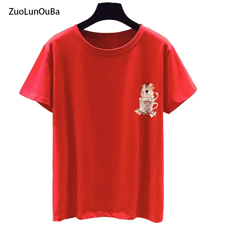 ZuoLunOuBa Women T Shirt Print Candy Water Cup Kitten Casual Loose Tops Female Short Sleeve High Quality Summer Top Tees