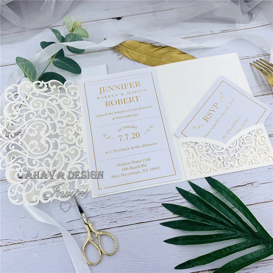 Modern Ivory Tri-fold Laser Cut Wedding Invitations With Personalized RSVP card, Free Design