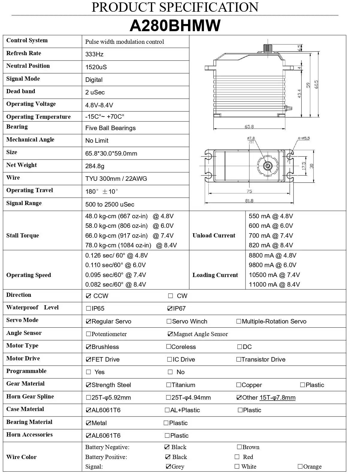 AGFRC A280BHMW A280BHLW 78KG 100KG HV Bürstenloser wasserdichter RC-Servomotor mit hohem Drehmoment für 1/5 große Flugzeuge, Auto, Boot, RC-Modelle – Detail 7
