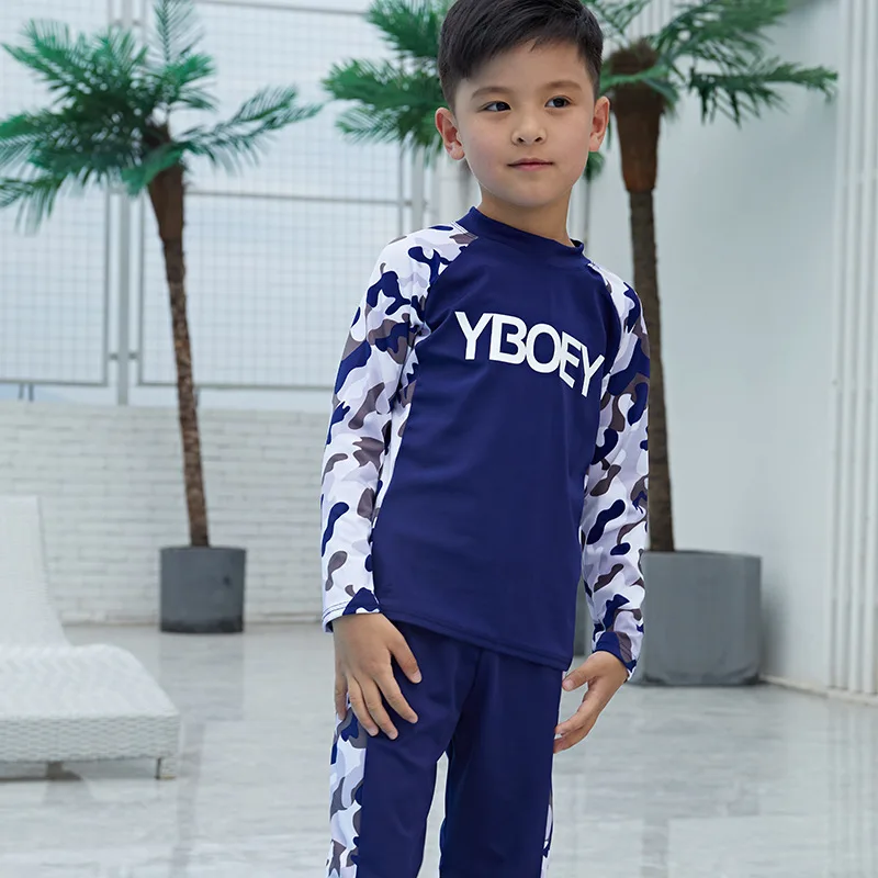 Boys Swimsuits Sunblock 2 Pieces Swim Suit Camouflage Children Swimwear Long Sleeve Boy Split Swimsuit Kids Bodysuit Beach Wear