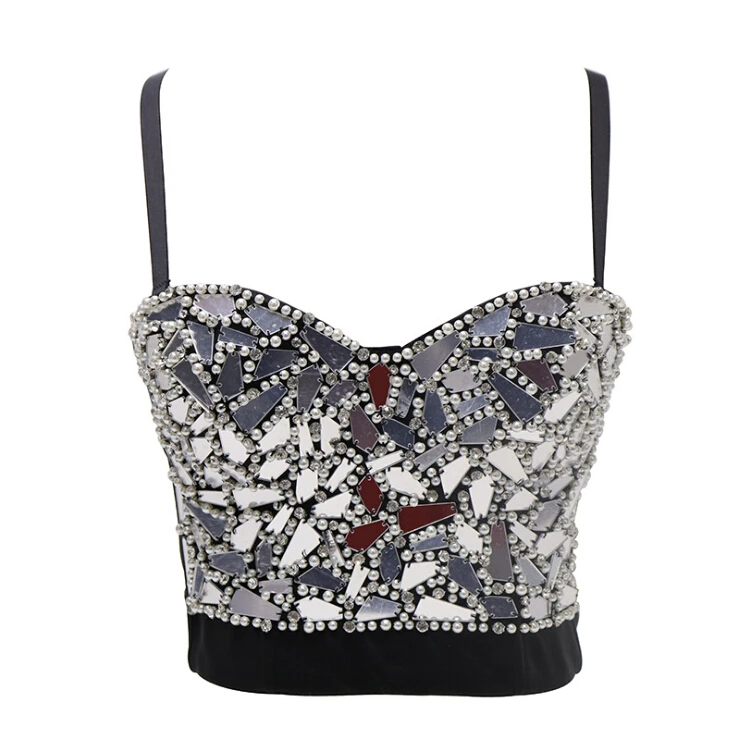 Sexy Sequins Beads Acrylic Rhinestones Corselets Bachelorette Bustier Bra Push Up Slim Fit Women's Bralette Cropped Top Vest