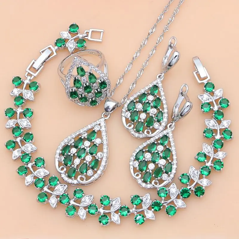 

Fashion 925 Sterling Silver Jewelry Sets Green Emerald Bohemia Earrings Rings Necklace Set Women Party Jewellry Dropshipping