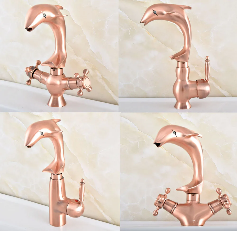 

Dolphin Style Antique Red Copper Deck Mounted Bathroom Basin Faucet Vessel Sink Water Mixer Tap