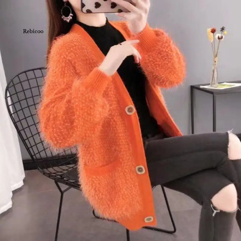 Women\'s Spring New V-Neck Knit Cardigan Imitation Mink Fleece Loose Long-Haired Sweater Jacket