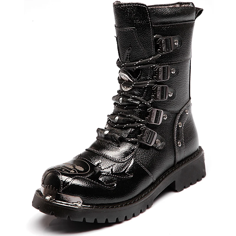 Men Mid-Calf Army boots Lace-Up Genuine leather Motorcycle boots Non-slip Wear-resistant Outdoor work boots Skull