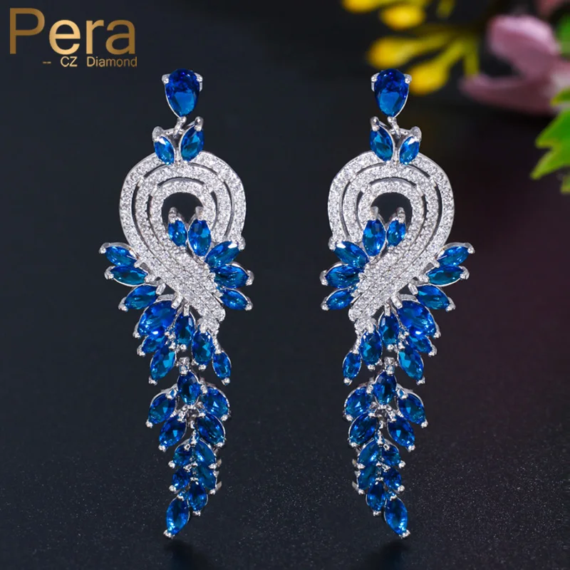 Pera Luxury Right and Left Asymmetric Design Marquise Cut Blue Cubic Zirconia Women Party Jewelry Long Tassel Drop Earrings E226