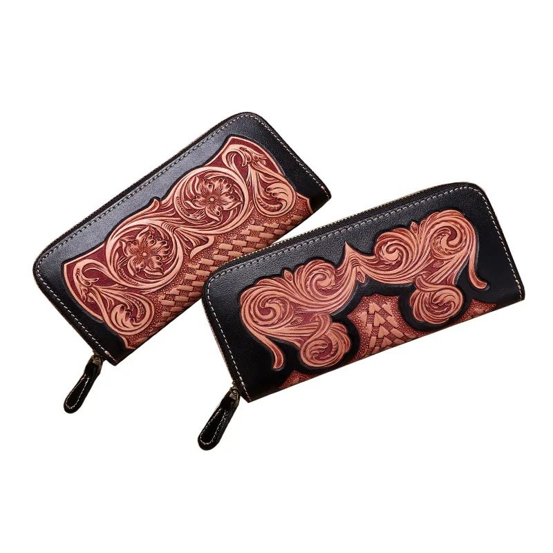 Handmad Vintage Cow Leather Wallets Embossing Curling Grass Pattern Bag Purses Women Men Long Clutch Wallet Card Holder