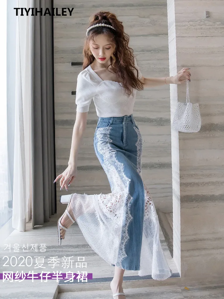 TIYIHAILEY Long Maxi Denim And Lace Fish Tail Skirt Women S-XL Mermaid Style High Waist Summer 2024 Fashion New Ladies Skirts