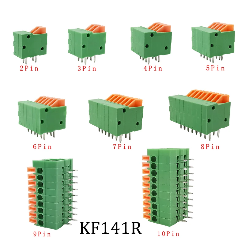 KF141R PCB Spring Screwless Wire Terminal Blocks Connector 2.54mm Pitch 2/3/4/5/6/7/8/9/10 Pin Right Angle For 26-20AWG Cable