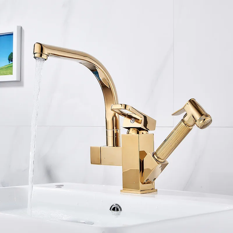 Kitchen Sink Faucet Solid Brass Mixer Tap Single Handle Hot & Cold Sink Crane Tap 360 Degree Rotation Pull Out Basin Faucet Gold