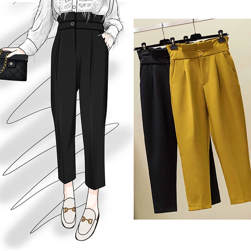 Women Suit Pants Spring Autumn Elastic Waist Casual Ankle-length Trousers Elegant Office Ladies Pencil Pants Yellow 4XL W1963