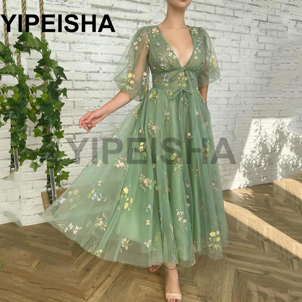 

Sage Green A-Line Evening Dresses Colorful Flowers Appliques Half Sleeve Fairy Prom Gown Ankle Length Long Cocktail Party Dress