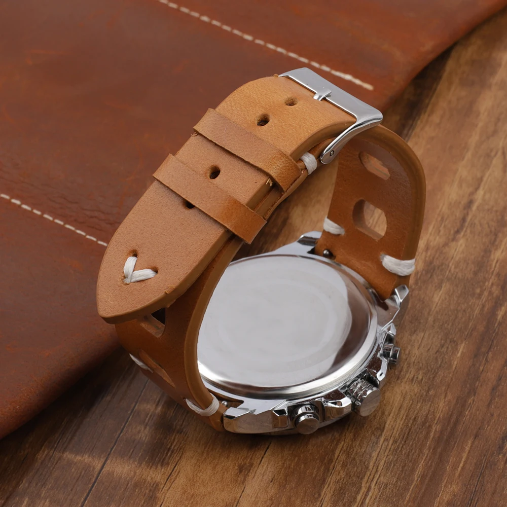 Genuine Leather Watch Strap Three holes Breathable Soft Watch Band 18mm 20mm 22mm 24mm Vintage Brown Cowhide Watch Belt for Men