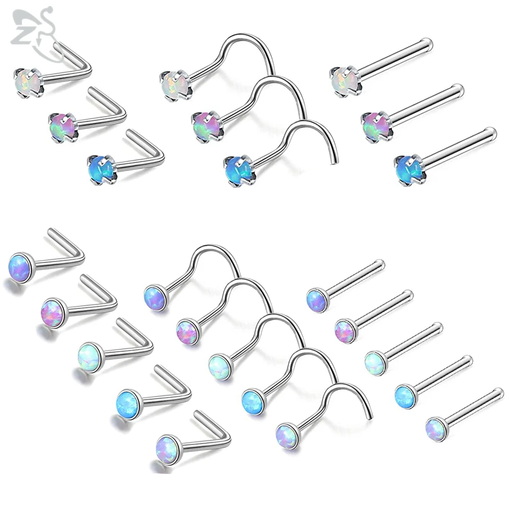 ZS 3-5pcs/lot Stainless Steel Nose Piercing Set Colorful Opal Nose Studs Retainer Pin L Shape 2MM Nostril Piercing Jewelry 20g