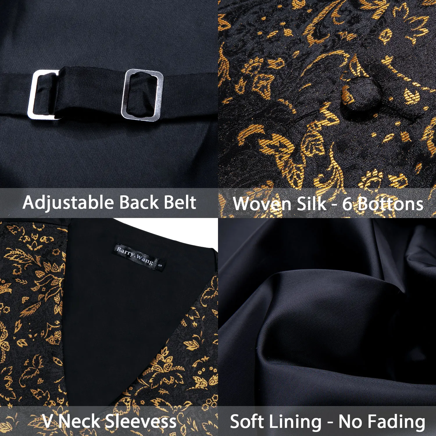 Gold Mens Luxury Brocade Black Floral Suit Vest  Set Silk Tie Waistcoat Set Men Clothes Barry.Wang Fashion Designer M-2037