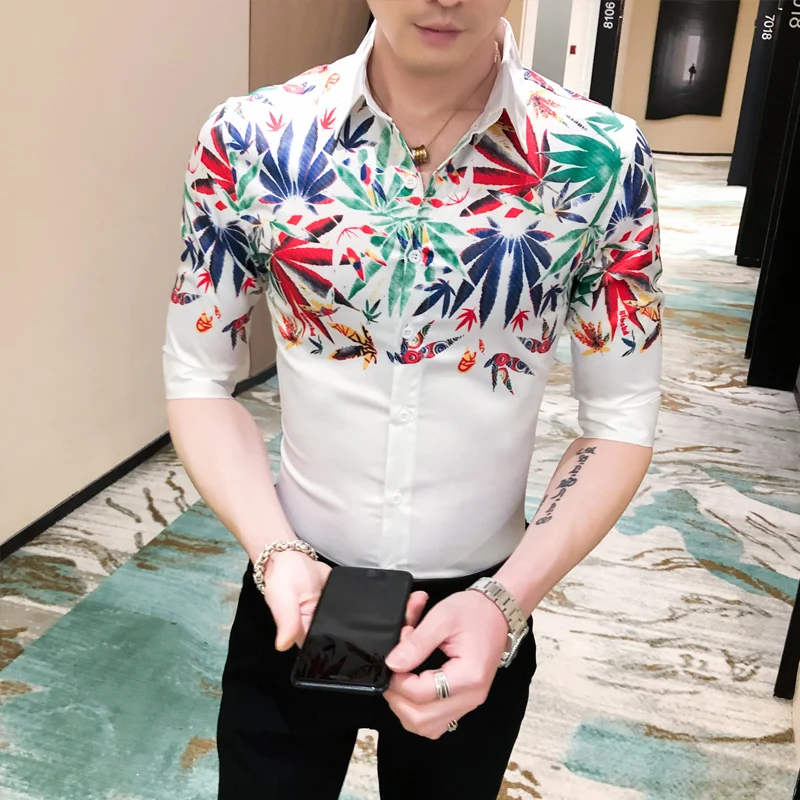 

Print Summer Flower Casual Men Shirr Hailf Sleeve Slim Fit Hawaiian Shirts Camisa Masculina Streetwear Nightclub Bar Blusa Homme