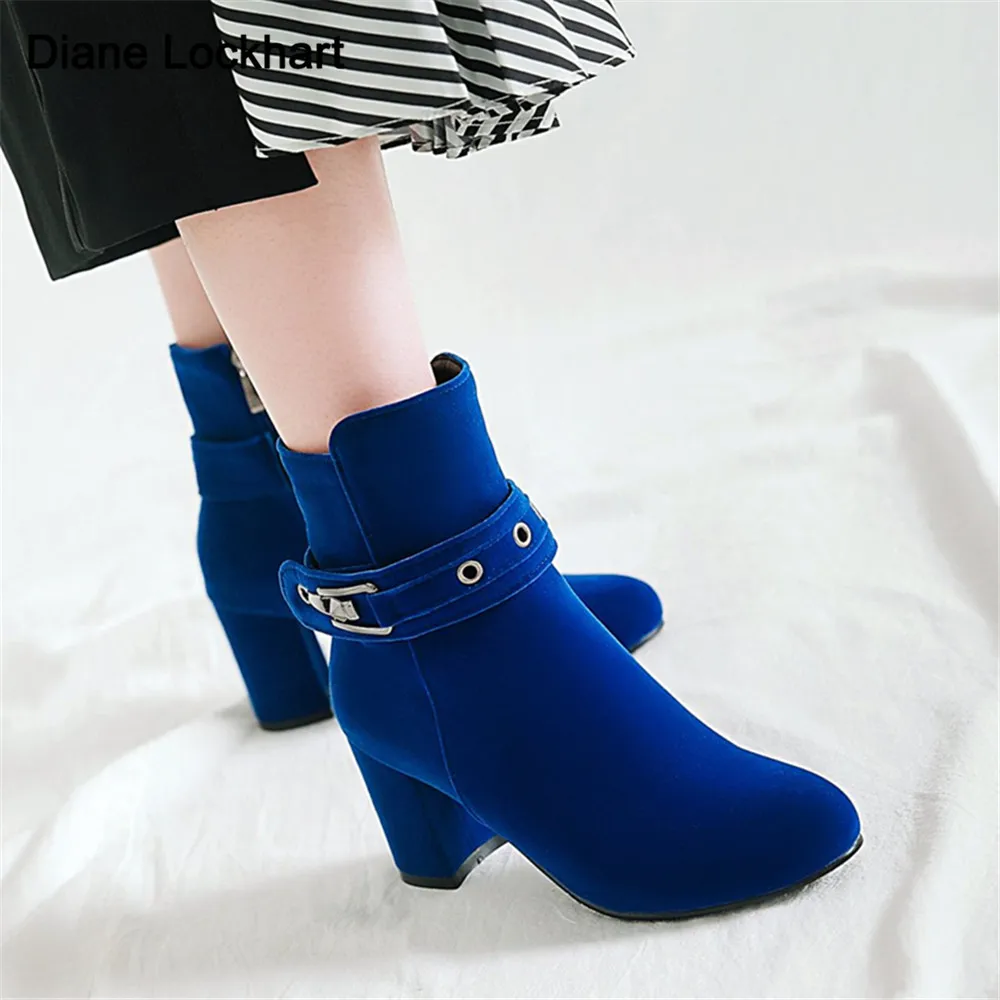 Large Size Round Toe Square Heel For Women Boots Fashion Buckle Ankle Boots Women Shoes Zipper Cheap High Heel Boots Woman 31-43