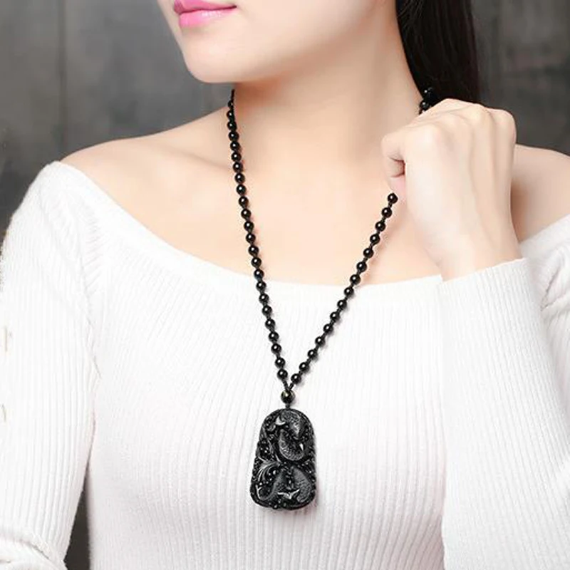 Natural Black Obsidian 3D Carved Chain Happy Four Fish Pendant Lucky Amulet Necklace Pendants For Women Men Fashion Jewelry