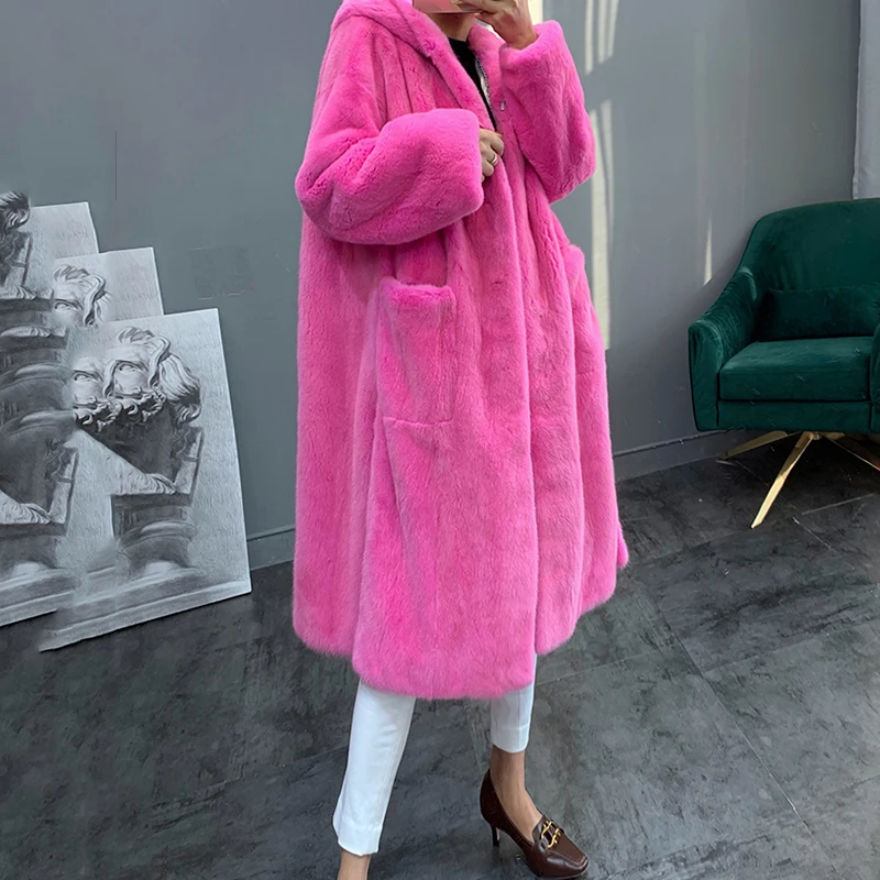 フタンガイール新冬輸入パープルラベルベルベットミンクファーコートフード付きビッグポケット女性用エクストラロング天然リアルミンクファーコート