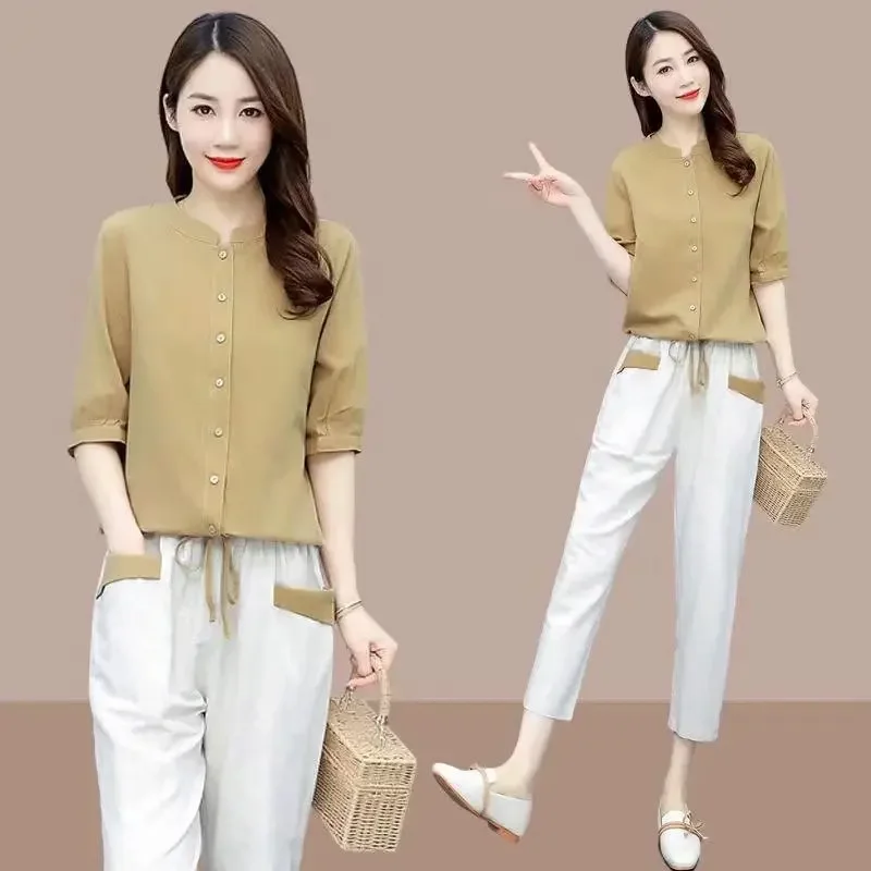 One-Piece/Suit Cotton Linen Women 2024 New Women\'s Short-Sleeved Shirt Nine-Point Pants Two-Piece Female Top Set  L658