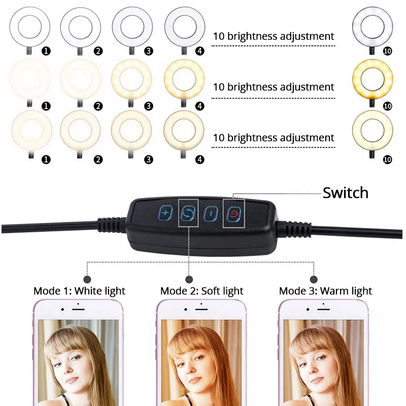 Anel de luz LED com suporte do telefone móvel, estúdio de fotografia, youtube, transmissão ao vivo, maquiagem lâmpada da câmera, iphone, xiaomi, android